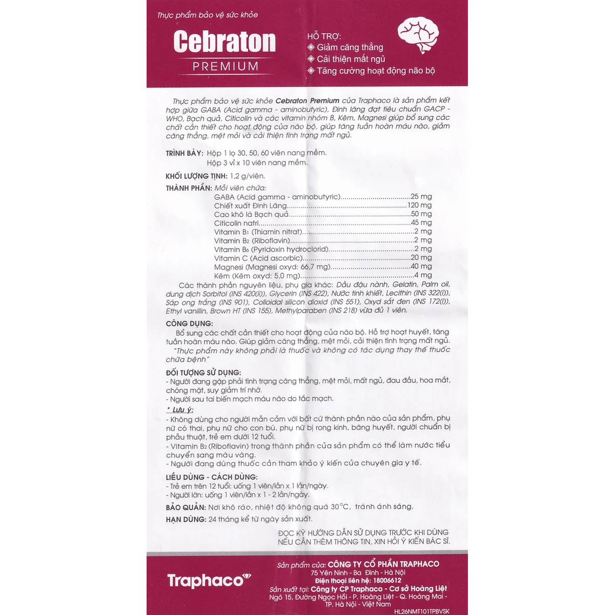 Traphaco - Cebraton Premium - Vitamin Supplement for Brain Health, Viên Uống Bổ Sung Vitamin Cho Não, Improves Brain Blood Circulation (30 tablets)