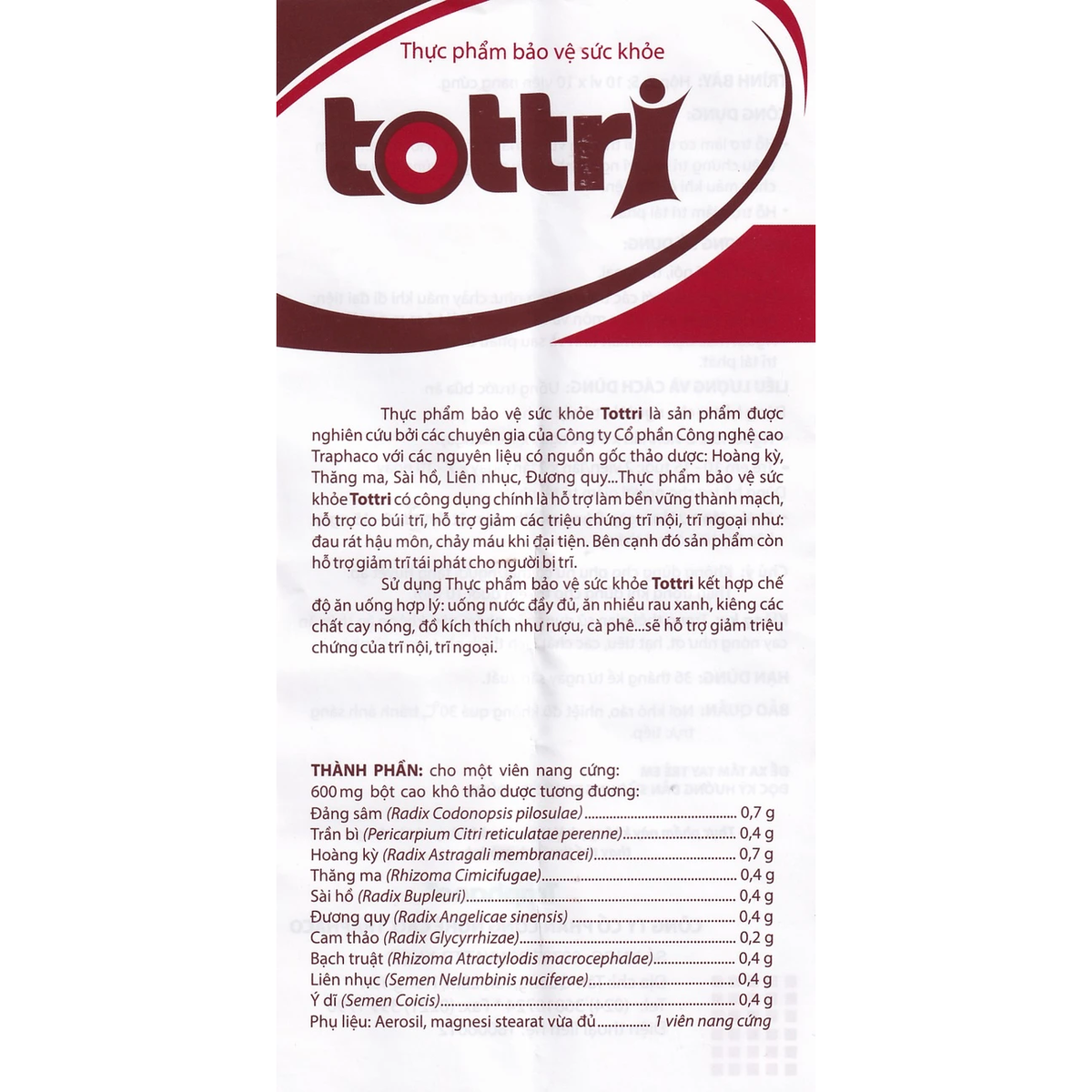 Traphaco - Tottri - Hemorrhoid Relief Supplement for Internal and External Hemorrhoids Viên Uống Trĩ Giảm Đau Rát & Táo Bón (30 Capsules)
