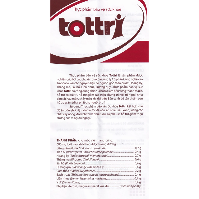 Traphaco - Tottri - Hemorrhoid Relief Supplement for Internal and External Hemorrhoids Viên Uống Trĩ Giảm Đau Rát & Táo Bón (30 Capsules)