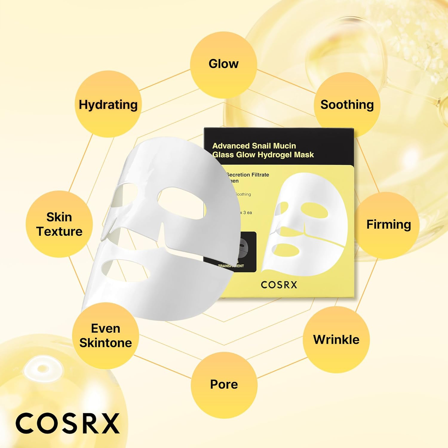 COSRX - Advanced Snail Mucin Glass Glow Hydrogel Mask with Snail Secretion Filtrate + Collagen, 1 Sheet (Pack of 3)