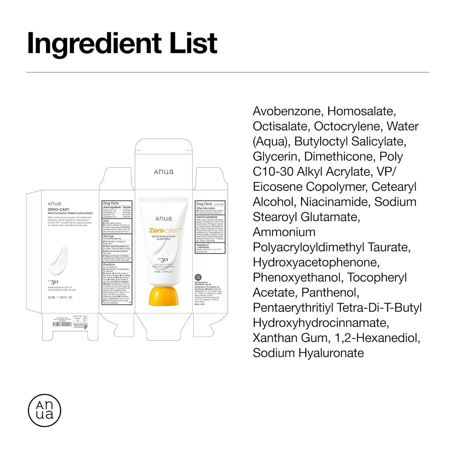 Anua - Zero-Cast Moisturizing Finish Sunscreen SPF50+ PA++++ 50ml.