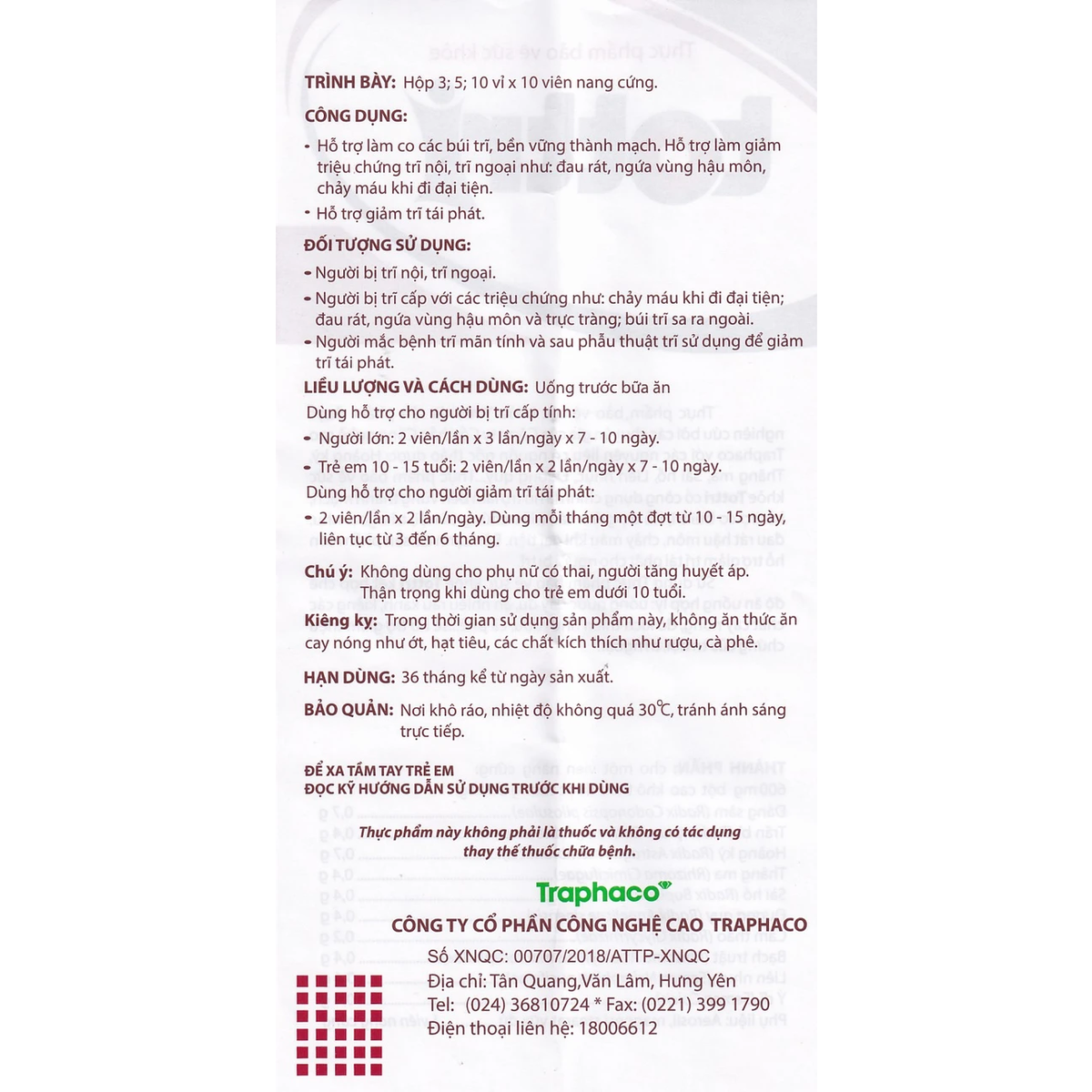 Traphaco - Tottri - Hemorrhoid Relief Supplement for Internal and External Hemorrhoids Viên Uống Trĩ Giảm Đau Rát & Táo Bón (30 Capsules)