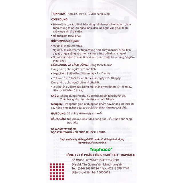 Traphaco - Tottri - Hemorrhoid Relief Supplement for Internal and External Hemorrhoids Viên Uống Trĩ Giảm Đau Rát & Táo Bón (30 Capsules)