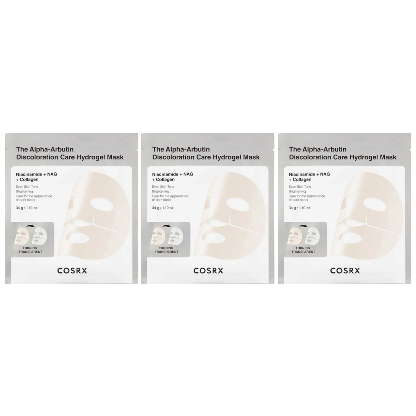 COSRX - The Alpha-Arbutin Discoloration Care Hydrogel Mask with Niacinamide + NAG + Collagen, 1 Sheet (Pack of 3)