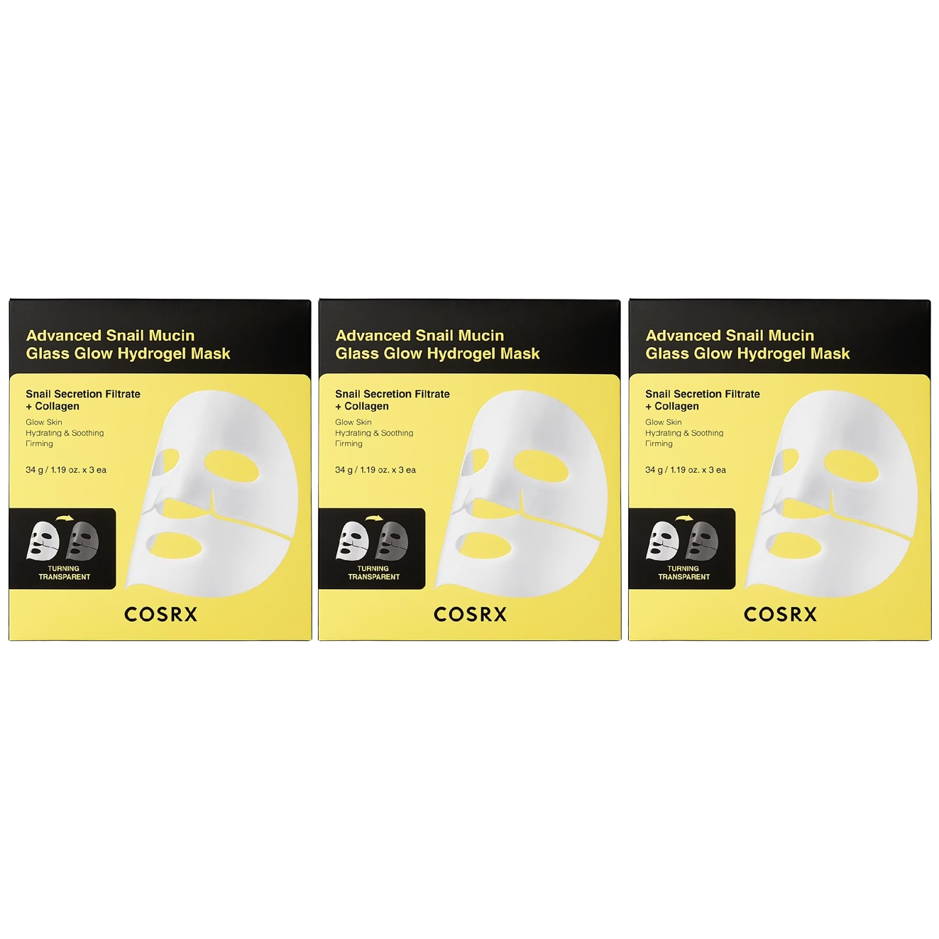 COSRX - Advanced Snail Mucin Glass Glow Hydrogel Mask with Snail Secretion Filtrate + Collagen, 1 Sheet (Pack of 3)