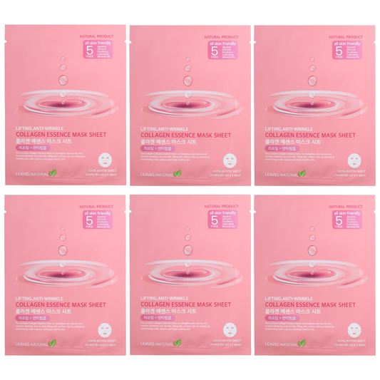 Leaves Natural - Collagen Essence Mask Sheet - Anti-Wrinkle and Lifting Face Mask 25ml. (Pack of 6)