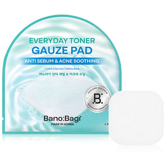 Banobagi - Everyday Toner Gauze Pad Anti Sebum & Acne Soothing with 7 CICA, Tea Tree and Willow Bark 10ml. 4 Pads (Pack of 3 = 12 pads)