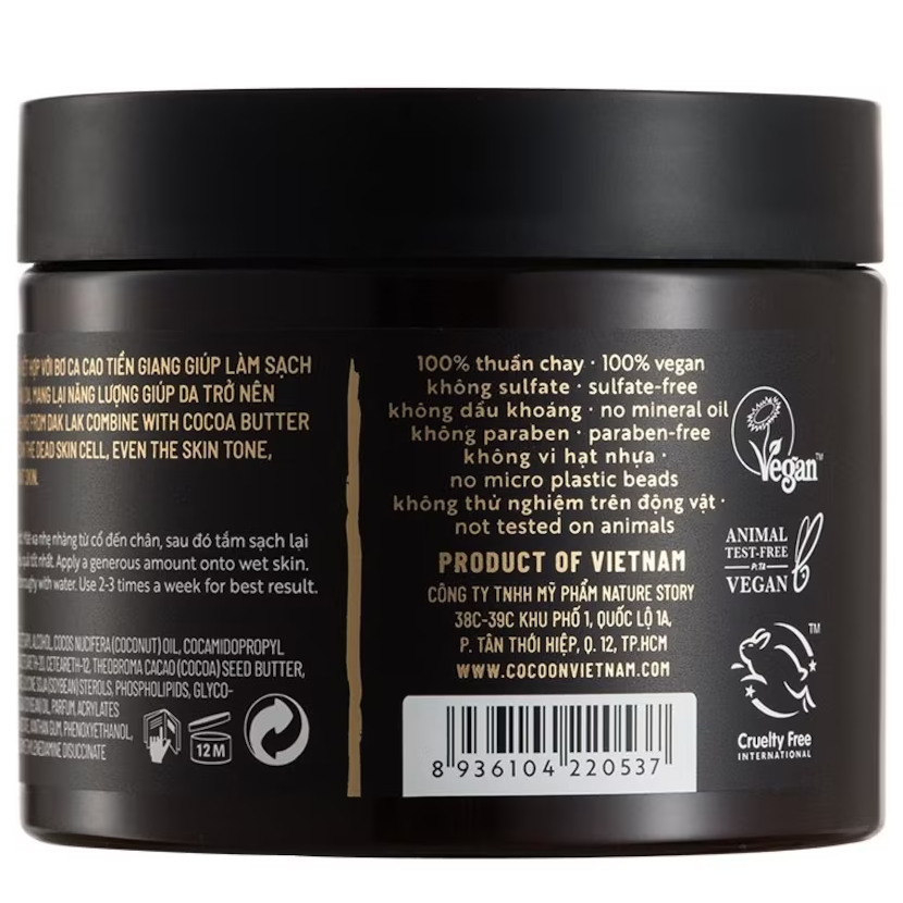 Cocoon Vietnam - Dak Lak Coffee Body Polish (Cà Phê Đắk Lắk Làm Sạch Da Chết Cơ Thể) with Pure Coffee Beans & Cocoa Butter 200ml.