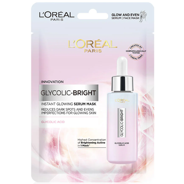 L'Oréal - Glycolic Bright Instant Glowing Serum Mask with Glycolic Acid 22g. (Pack of 3)