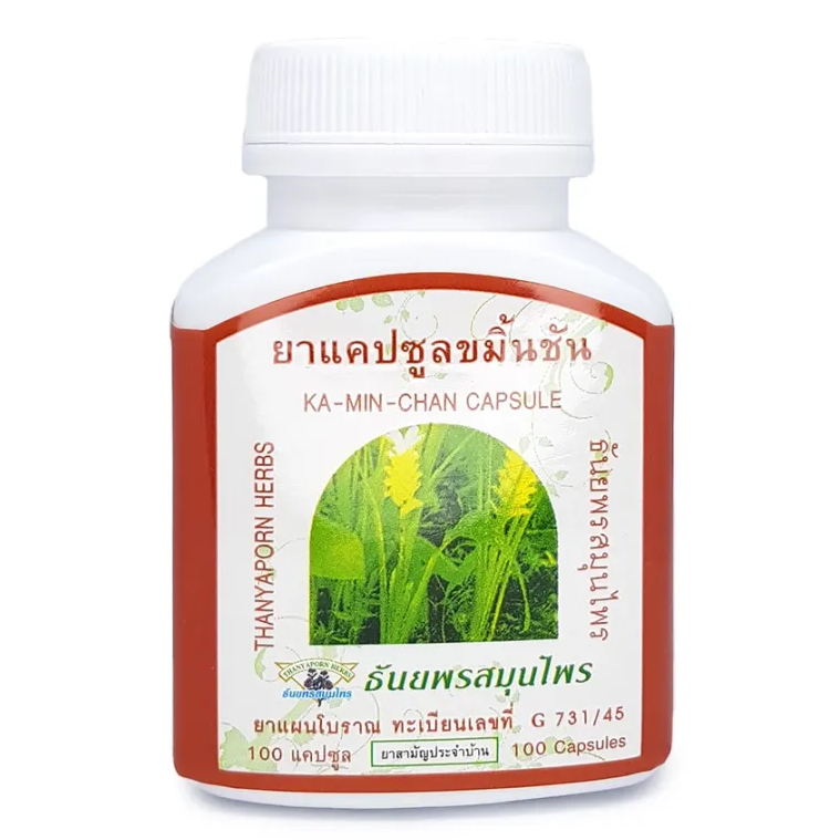 Thanyaporn Herbs - Ka-Min-Chan - Thai Turmeric - Solve Flatulence - 100 Capsules - Made in Thailand