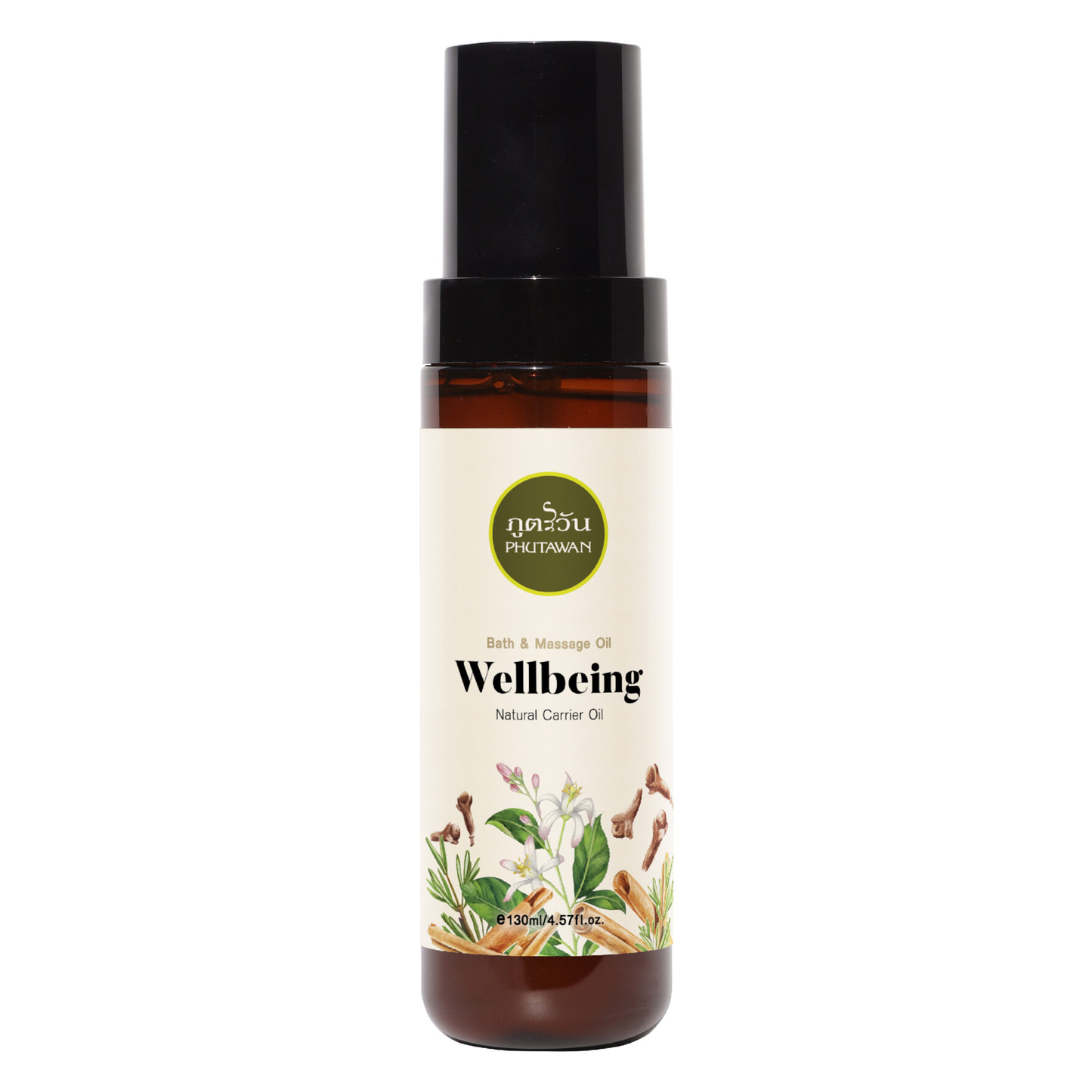 Phutawan - Wellbeing, Bath & Massage Oil with Clove, Orange, Cinnamon Aroma and Mix of Natural Oils 130ml.