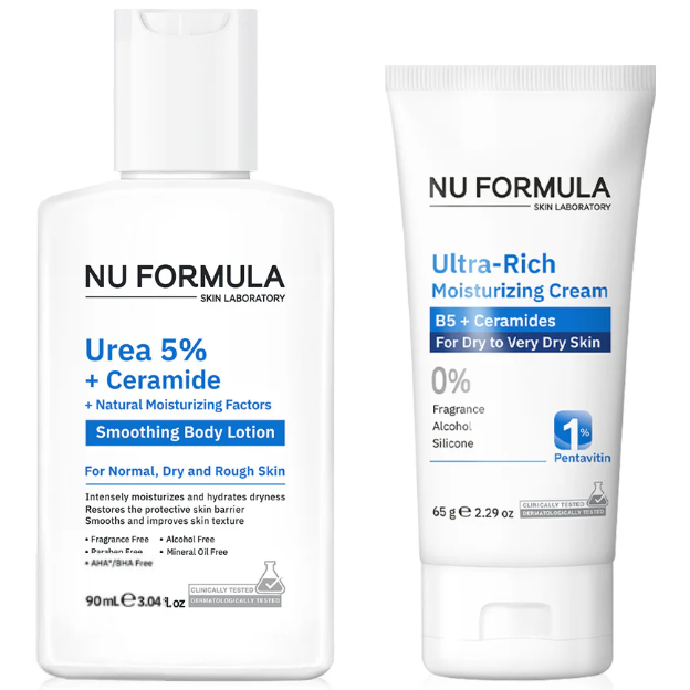 Nu Formula Urea 5% smoothing body lotion and Ultra-Rich moisturizing cream set for dry skin.