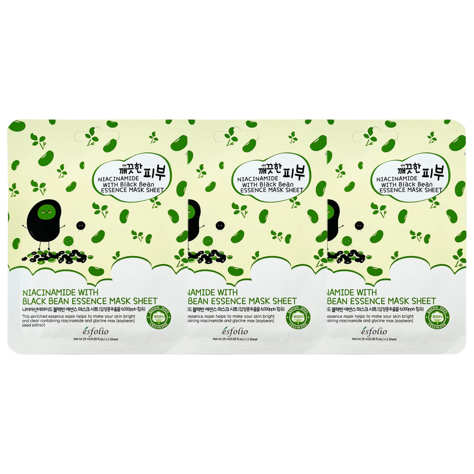 Esfolio - Pure Skin Niacinamide With Black Bean Essence Mask Sheet 25ml. (Pack of 3)