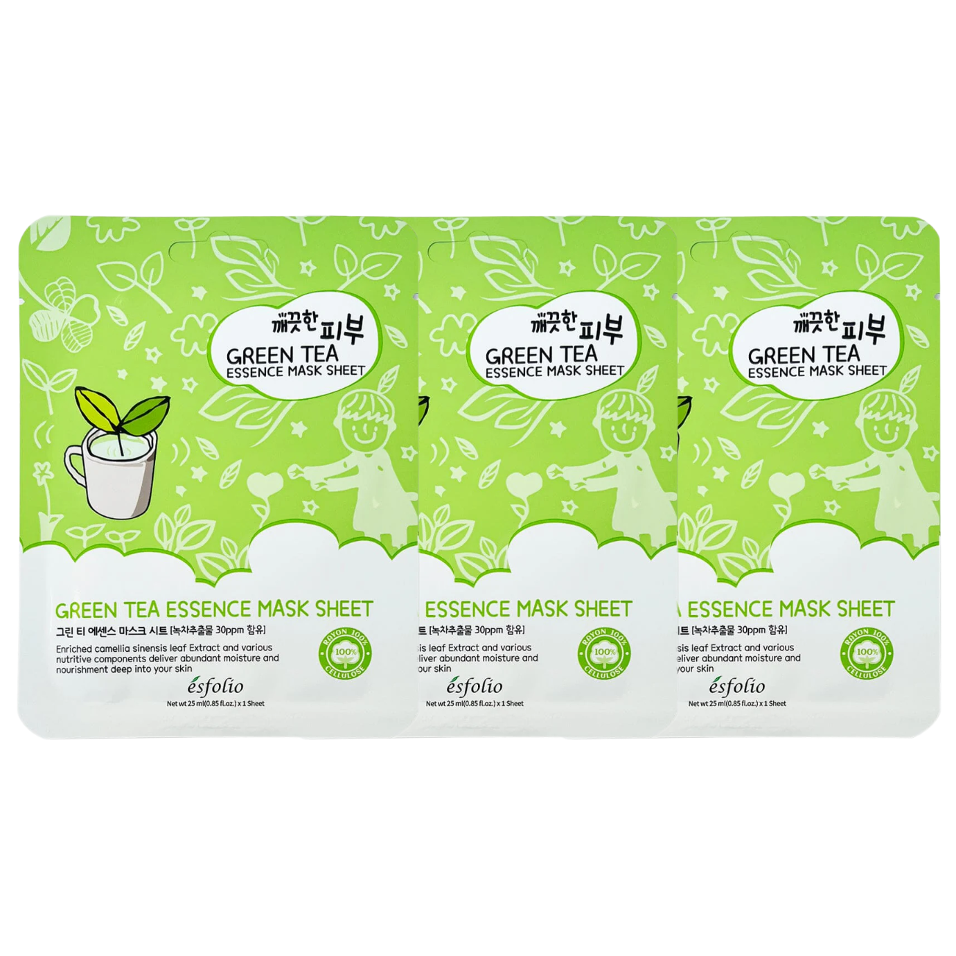 Esfolio - Pure Skin Green Tea Essence Mask Sheet 25ml. (Pack of 3)