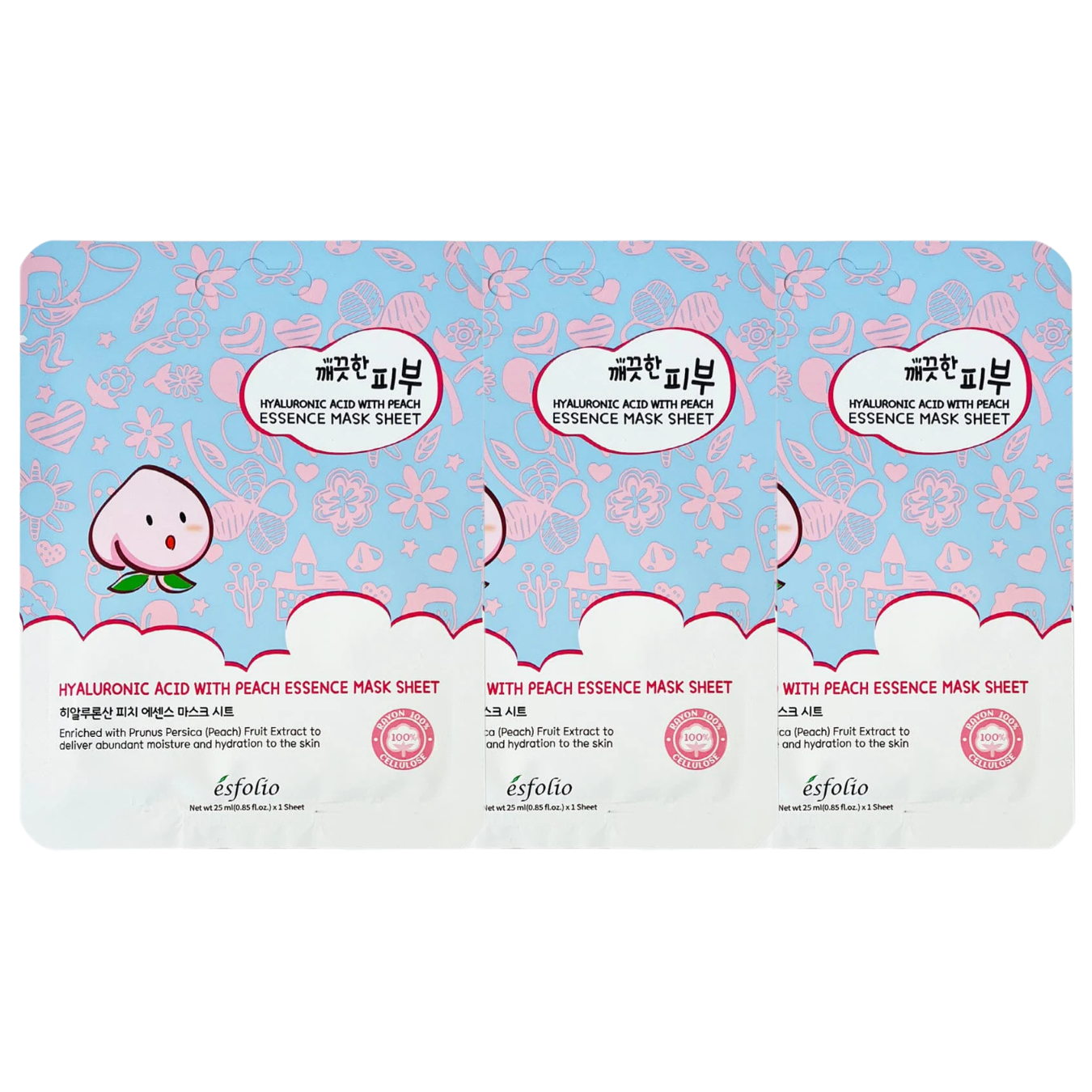 Esfolio - Pure Skin Hyaluronic Acid With Peach Essence Mask Sheet 25ml. (Pack of 3)