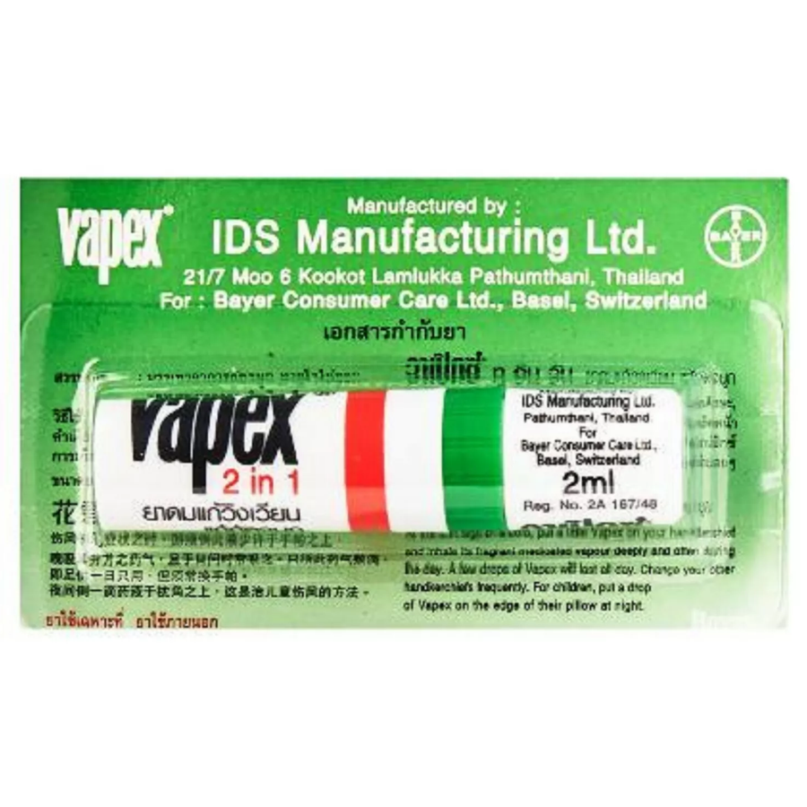 Vapex - Nasal Inhaler - Menthol Relief Congestion Dizziness Cold 2 ml (Pack of 6) - Made in Thailand