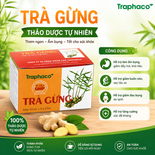 Traphaco - Trà Gừng - Instant Ginger Tea for Body Warming Trà Gừng Hòa Tan Giữ Ấm Nhanh Chóng 3g. (10 Sachets)