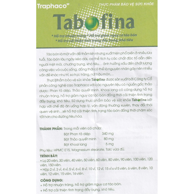 Traphaco - Tabofina - Herbal Digestive and Laxative Supplement Viên Uống Thảo Dược Thực Phẩm Bổ Sung Tiêu Hóa (30 Capsules)