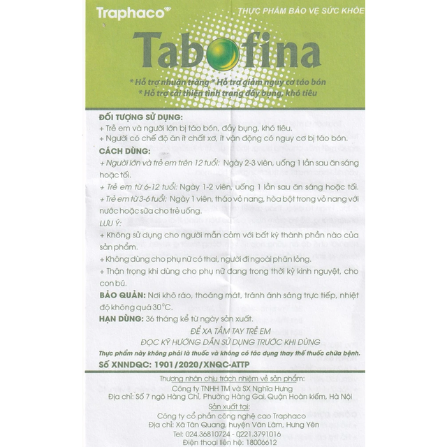 Traphaco - Tabofina - Herbal Digestive and Laxative Supplement Viên Uống Thảo Dược Thực Phẩm Bổ Sung Tiêu Hóa (30 Capsules)