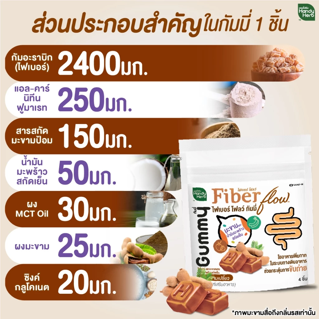 Handy Herb - Fiber Flow Gummy Jelly, Fiber, Tamarind and Cold-Pressed Coconut Oil, Sour Tamarind flavor (Pack of 3 sachets, 4 pcs. per sachet)