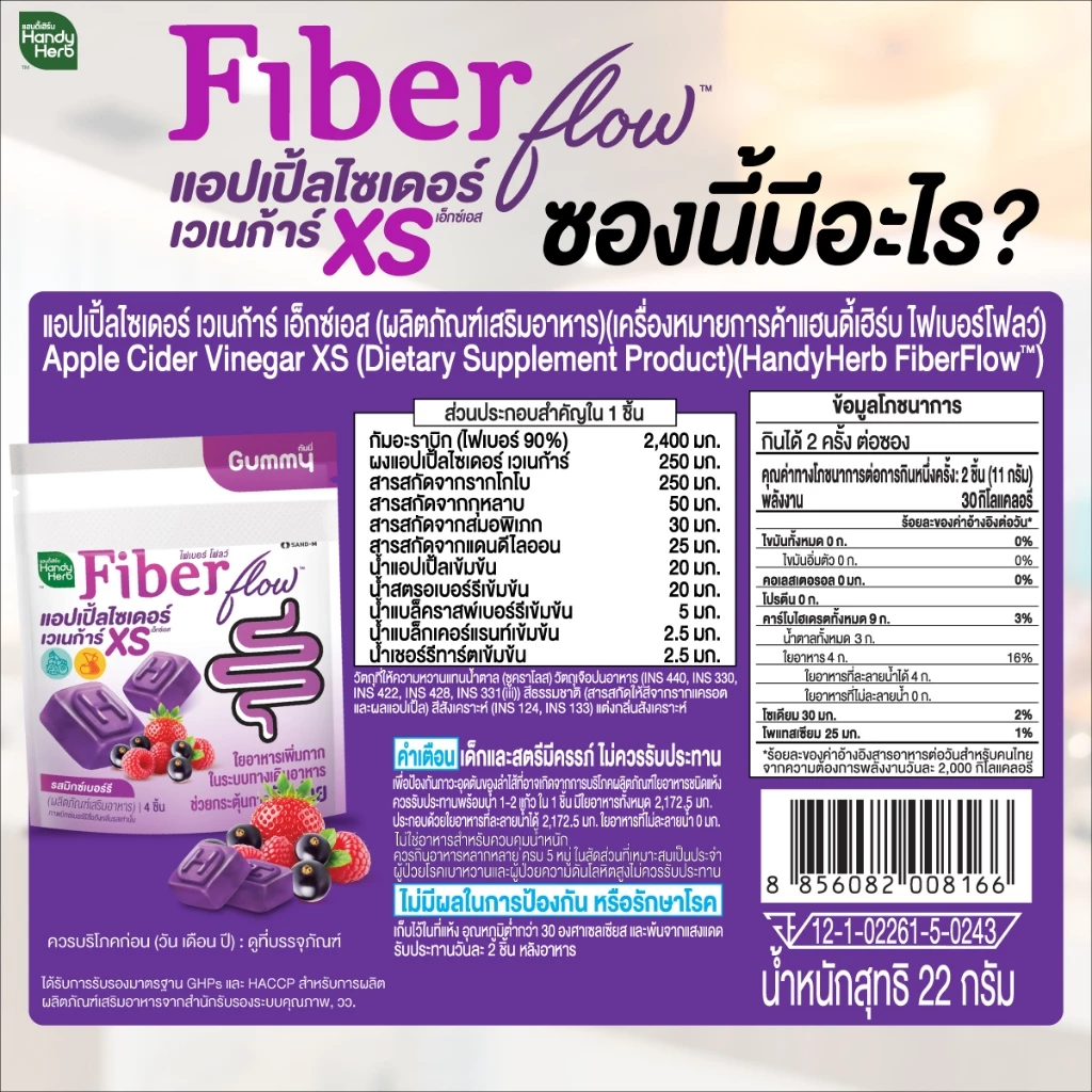 Handy Herb - Fiber Flow Gummy Apple Cider Vinegar XS Mixed Berry Flavor (Box of 6 sachets, 4 pcs. per sachet)