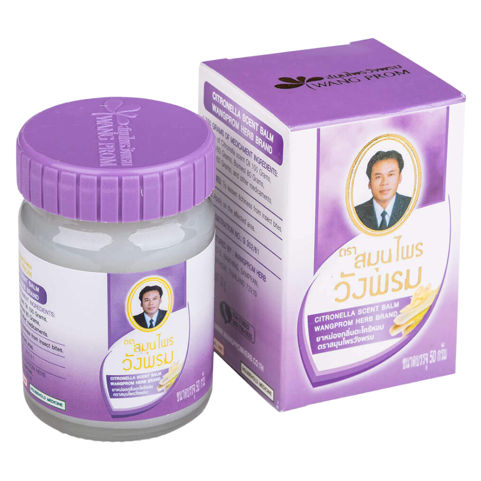 Wang Prom - Purple - Citronella, Eucalyptus Oil, Peppermint, Soft Paraffine and Camphor - Herbal Balm 50 g. (Pack of 3) - Relieve Headaches and Support Better Sleep - Made in Thailand