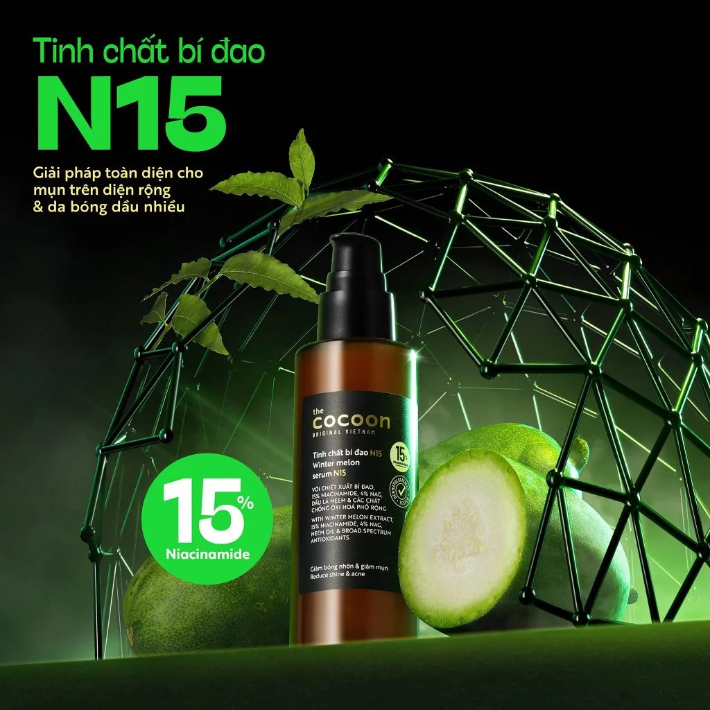 Cocoon Vietnam - Winter Melon Serum N15 (Tinh Chất Bí Đao N15) with Winter Melon Extract, 15% Niacinamide, 4% NAG, Neem Oil & Broad Spectrum Antioxidants 70ml.