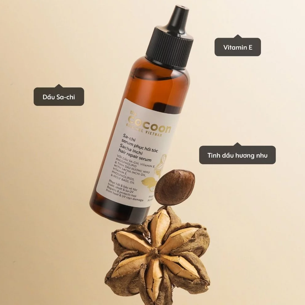 Cocoon Vietnam - Sacha Inchi Hair Repair Serum (Sa-chi Serum Phục Hồi Tóc) with Sacha Inchi Oil, Vitamin E, Phospholipids & Holy Basil Oil 70ml.