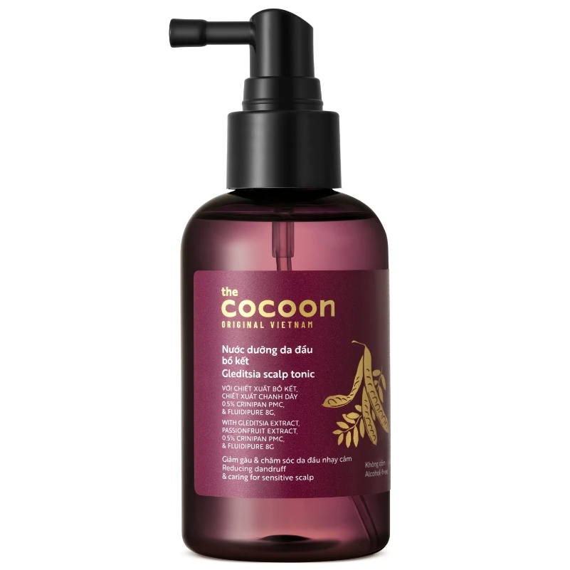 Cocoon Vietnam - Gleditsia Scalp Tonic (Nước Dưỡng Da Đầu Bồ Kết) with Gleditsia Extract, Passionfruit Extract, 0.5% Crinipan PMC, & Fluidipure 8G, Alcohol-Free 140ml.