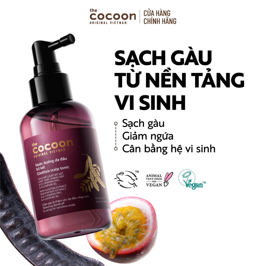 Cocoon Vietnam - Gleditsia Scalp Tonic (Nước Dưỡng Da Đầu Bồ Kết) with Gleditsia Extract, Passionfruit Extract, 0.5% Crinipan PMC, & Fluidipure 8G, Alcohol-Free 140ml.