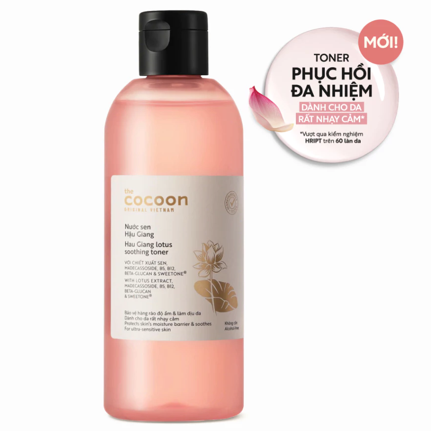Cocoon Vietnam - Hau Giang Lotus Soothing Toner (Nước Sen Hậu Giang) with Lotus Extract, Madecassoside, B5, B12, Beta-Glucan & Sweetone®, Alcohol-Free 310ml.