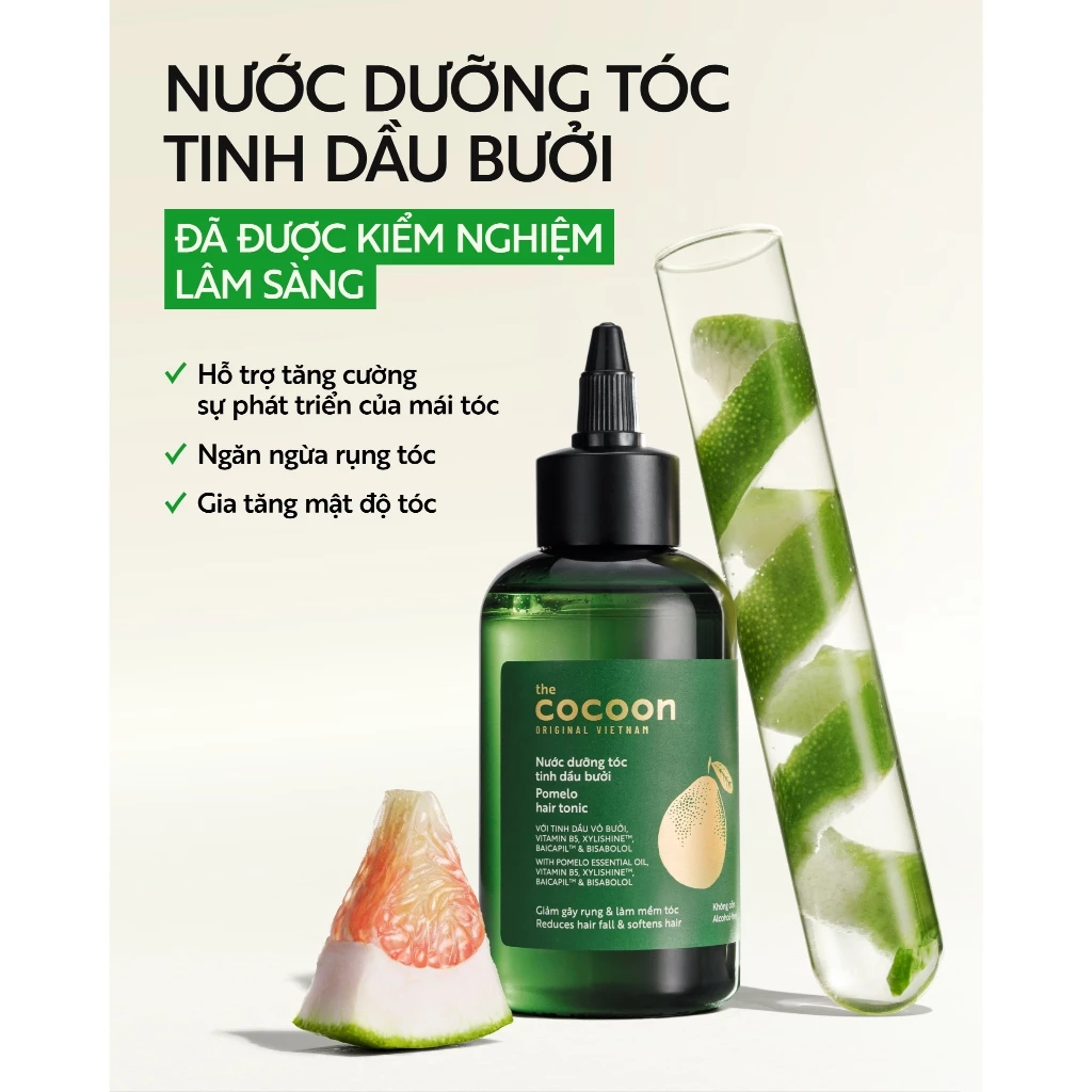 Cocoon Vietnam - Pomelo Hair Tonic (Nước Dưỡng Tóc Tinh Dầu Bưởi) with Pomelo Essential Oil, Vitamin B5, Xylishine™, Baicapil™ & Bisabolol, Alcohol-Free 140ml.