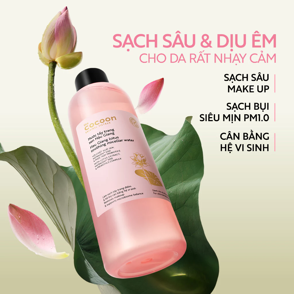 Cocoon Vietnam - Hau Giang Lotus Soothing Micellar Water (Nước Tẩy Trang Sen Hậu Giang) with Lotus Extract & Prebiotics 500ml.
