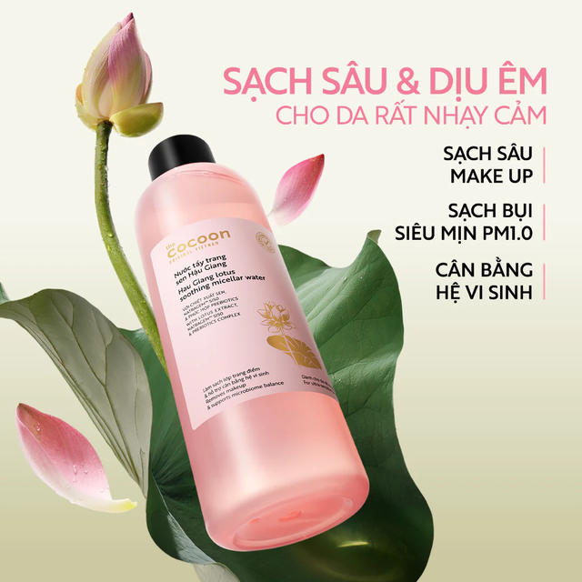 Cocoon Vietnam - Hau Giang Lotus Soothing Micellar Water (Nước Tẩy Trang Sen Hậu Giang) with Lotus Extract & Prebiotics 500ml.