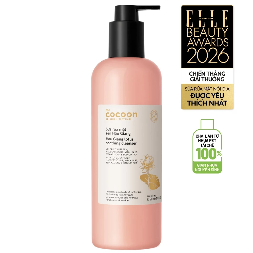 Cocoon Vietnam - Hau Giang Lotus Soothing Cleanser (Sữa Rửa Mặt Sen Hậu Giang) with Lotus Extract, Madecassoside, Vitamin B5, Beta-Glucan & Sodium PCA 500ml.