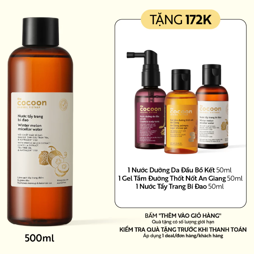 Cocoon Vietnam - Winter Melon Micellar Water (Nước Tẩy Trang Bí Đao) with Winter Melon Extract, Centella Extract, Tea Tree Oil & Natragem™ S150 500ml.