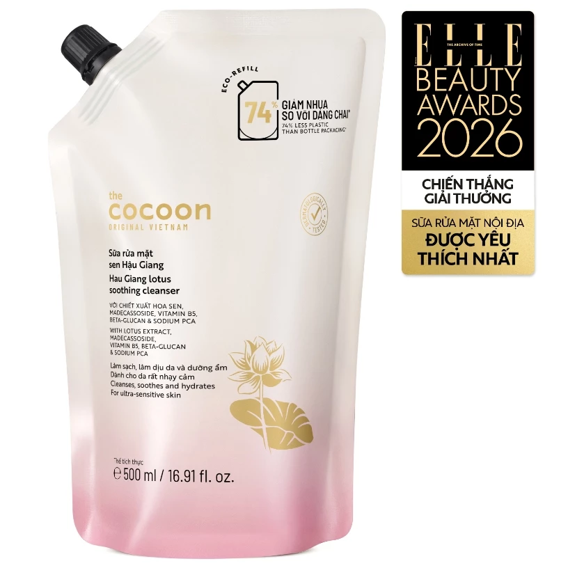 Cocoon Vietnam - Hau Giang Lotus Soothing Cleanser (Sữa Rửa Mặt Sen Hậu Giang) with Lotus Extract, Madecassoside, Vitamin B5 & Sodium PCA 500ml.