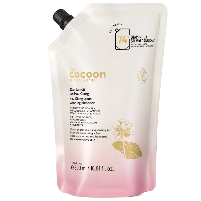 Cocoon Vietnam - Hau Giang Lotus Soothing Cleanser (Sữa Rửa Mặt Sen Hậu Giang) with Lotus Extract, Madecassoside, Vitamin B5 & Sodium PCA 500ml.