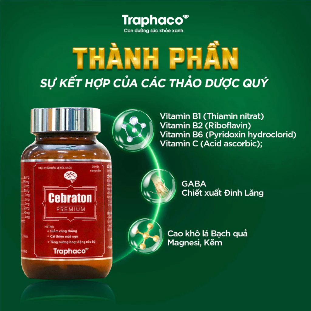 Traphaco - Cebraton Premium - Vitamin Supplement for Brain Health, Viên Uống Bổ Sung Vitamin Cho Não, Improves Brain Blood Circulation (30 tablets)