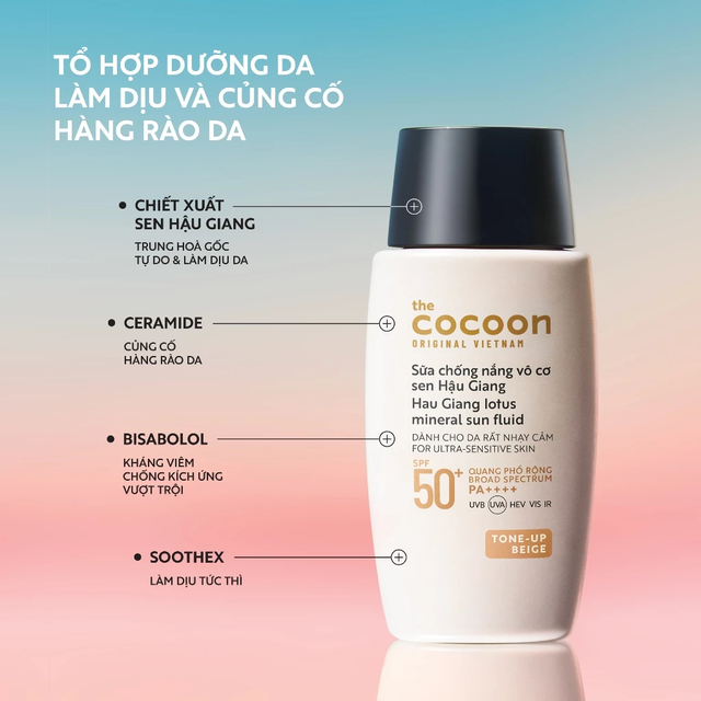 Cocoon Vietnam - Hau Giang Lotus Mineral Sun Fluid (Sữa Chống Nắng Vô Cơ Sen Hậu Giang) SPF 50+ PA++++ Tone-Up Beige 15ml.
