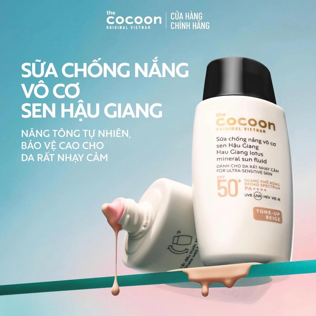 Cocoon Vietnam - Hau Giang Lotus Mineral Sun Fluid (Sữa Chống Nắng Vô Cơ Sen Hậu Giang) SPF 50+ PA++++ Tone-Up Beige 50ml.