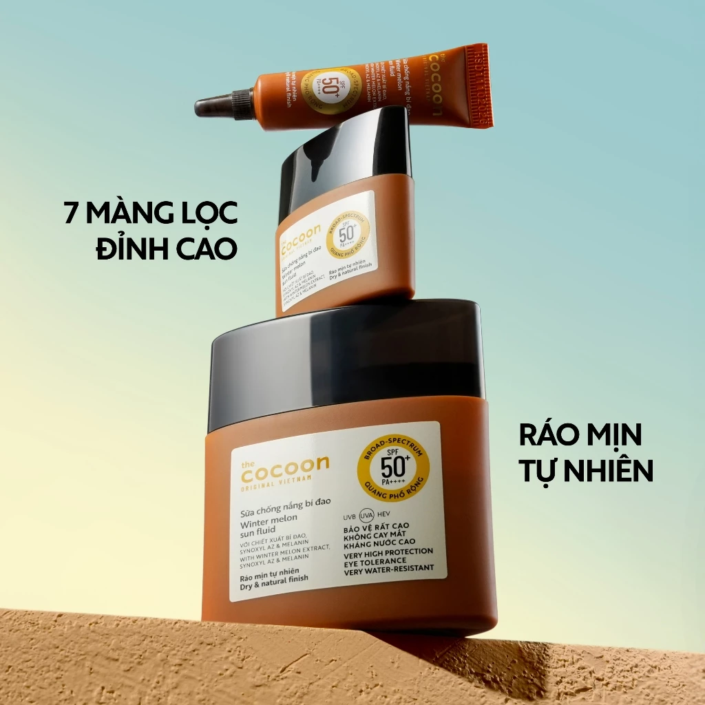 Cocoon Vietnam - Winter Melon Sun Fluid SPF 50+ PA++++ (Sữa Chống Nắng Bí Đao) with Winter Melon Extract, Synoxyl AZ & Melanin 50ml.