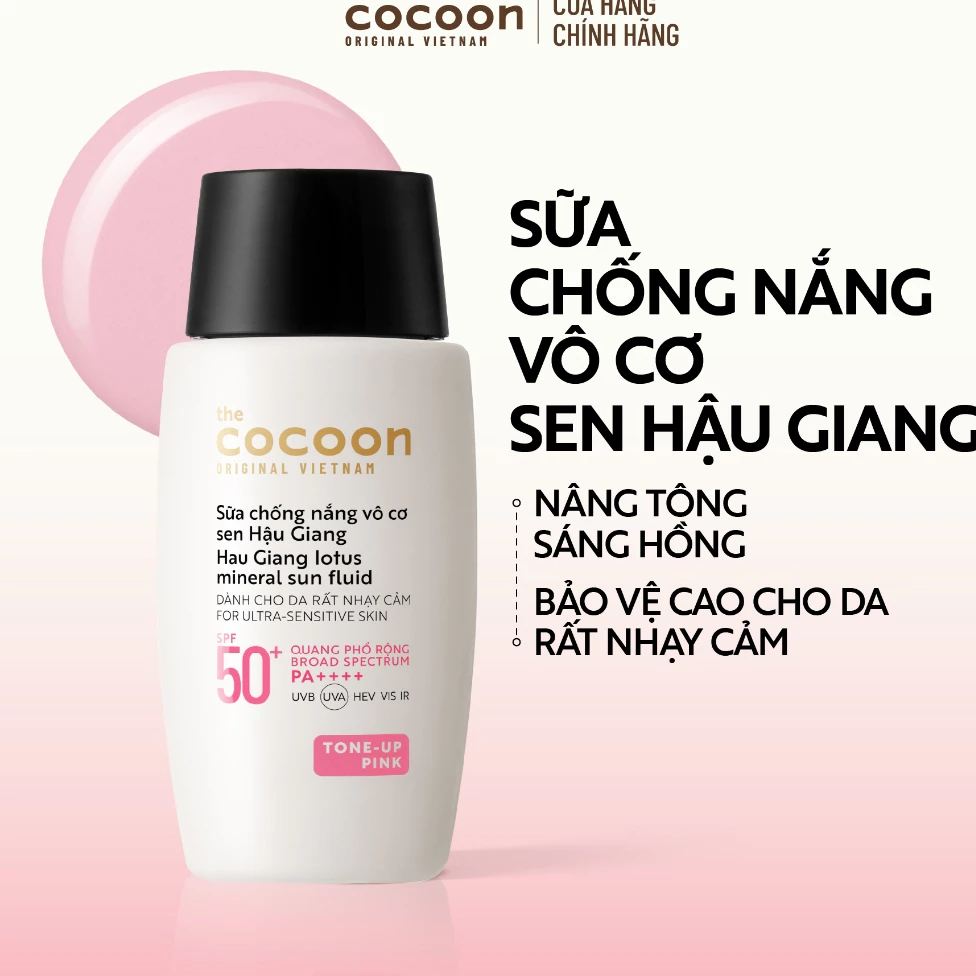 Cocoon Vietnam - Hau Giang Lotus Mineral Sun Fluid (Sữa Chống Nắng Vô Cơ Sen Hậu Giang) SPF 50+ PA++++ Tone-Up Pink 50ml.
