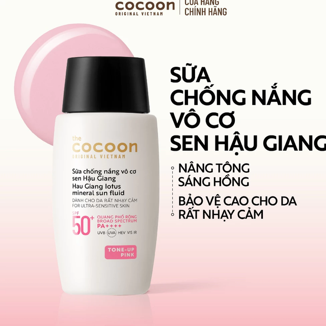 Cocoon Vietnam - Hau Giang Lotus Mineral Sun Fluid (Sữa Chống Nắng Vô Cơ Sen Hậu Giang) SPF 50+ PA++++ Tone-Up Pink 50ml.
