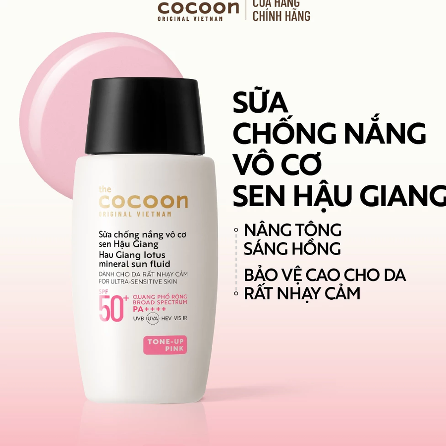 Cocoon Vietnam - Hau Giang Lotus Mineral Sun Fluid (Sữa Chống Nắng Vô Cơ Sen Hậu Giang) SPF 50+ PA++++ Tone-Up Pink 50ml.