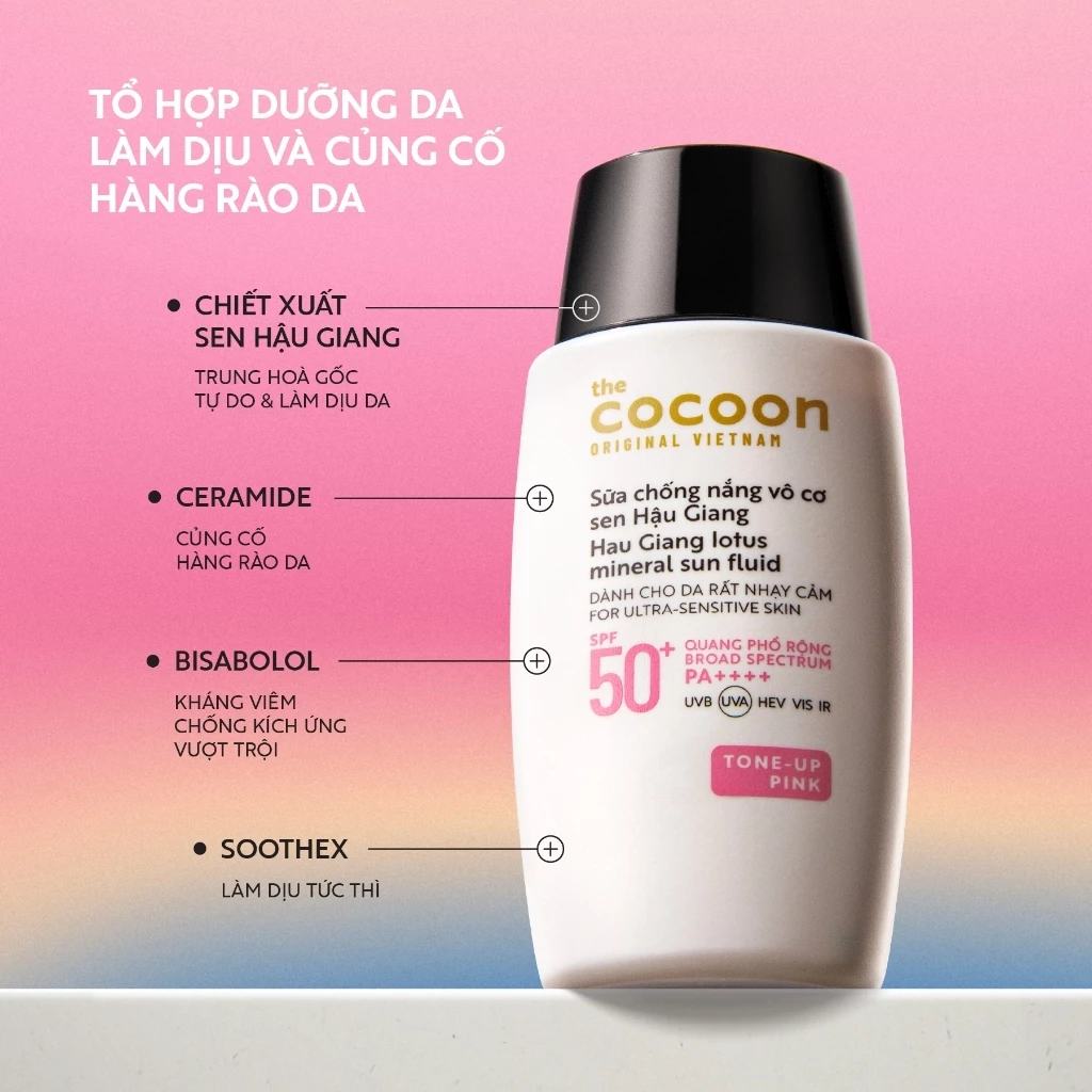 Cocoon Vietnam - Hau Giang Lotus Mineral Sun Fluid (Sữa Chống Nắng Vô Cơ Sen Hậu Giang) SPF 50+ PA++++ Tone-Up Pink 50ml.