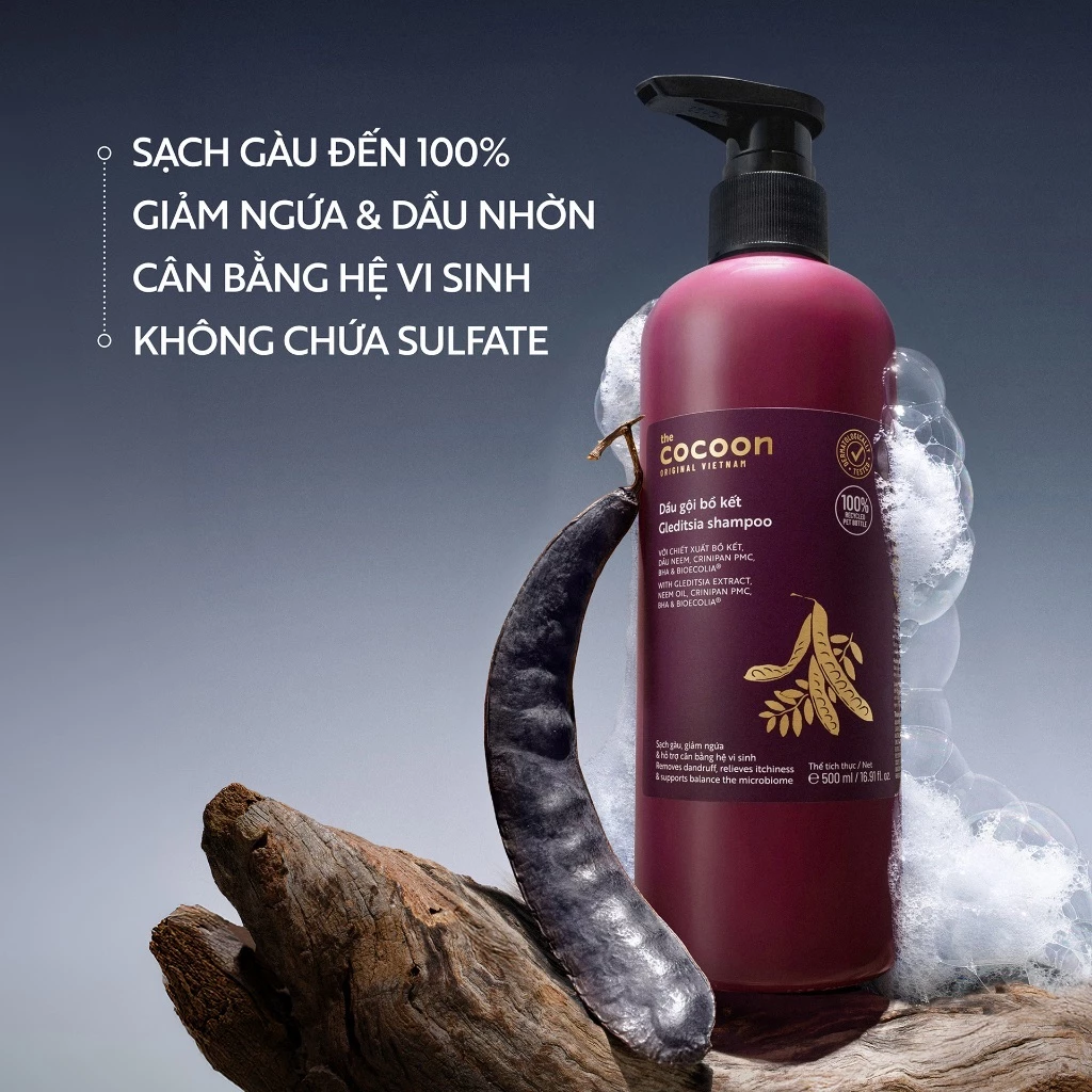Cocoon Vietnam - Gleditsia Shampoo (Dầu Gội Bồ Kết) with Gleditsia Extract, Neem Oil, Crinipan PMC, BHA & BioEcolia® 310ml.