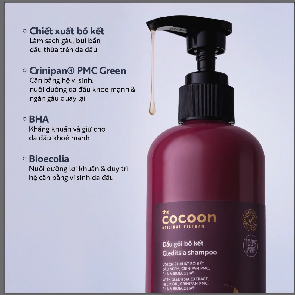 Cocoon Vietnam - Gleditsia Shampoo (Dầu Gội Bồ Kết) with Gleditsia Extract, Neem Oil, Crinipan PMC, BHA & BioEcolia® 500ml.