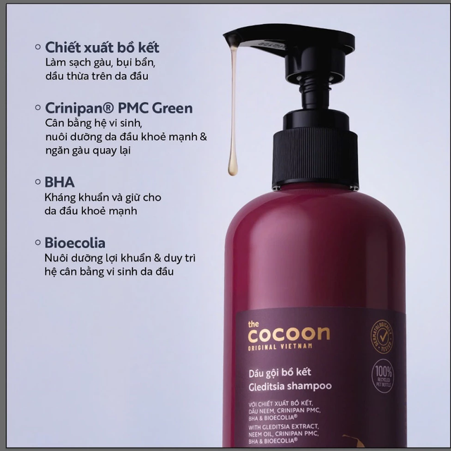 Cocoon Vietnam - Gleditsia Shampoo (Dầu Gội Bồ Kết) with Gleditsia Extract, Neem Oil, Crinipan PMC, BHA & BioEcolia® 500ml.