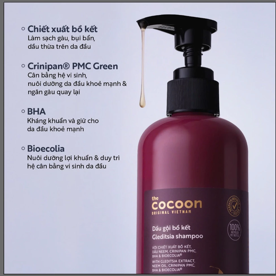Cocoon Vietnam - Gleditsia Shampoo (Dầu Gội Bồ Kết) with Gleditsia Extract, Neem Oil, Crinipan PMC, BHA & BioEcolia® 500ml.